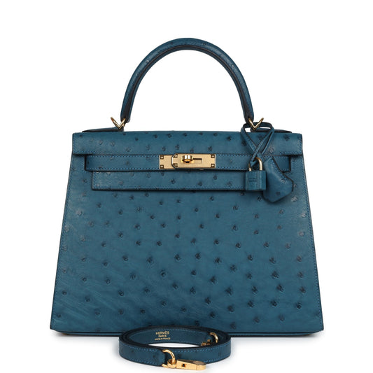 Kelly Sellier 28 Cobalt Ostrich Gold Hardware