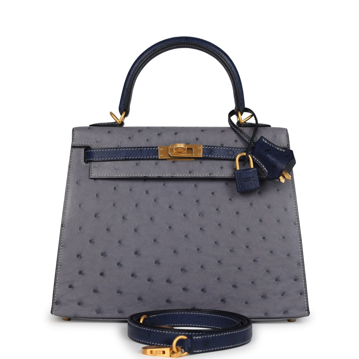 Special Order (HSS) Kelly Sellier 25 Gris Agate and Bleu Iris Ostrich Brushed Gold Hardware