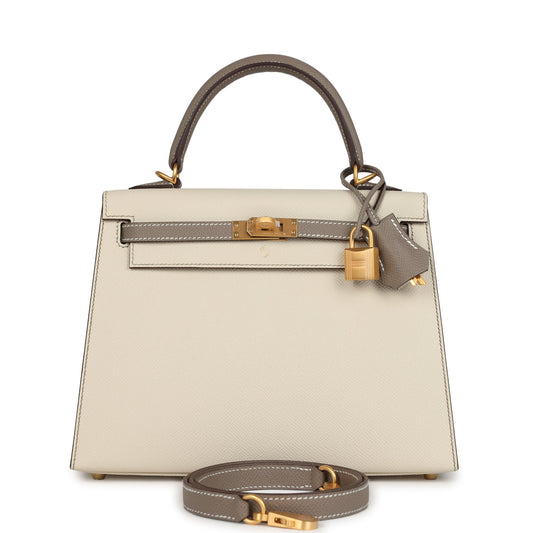 Special Order (HSS) Kelly Sellier 25 Craie and Gris Asphalte Epsom Brushed Gold Hardware
