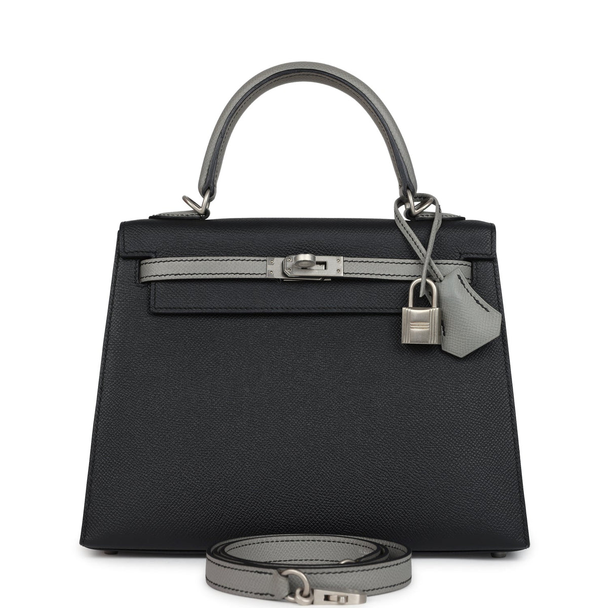 Special Order (HSS) Kelly Sellier 25 Black and Gris Mouette Epsom Brushed Gold Hardware