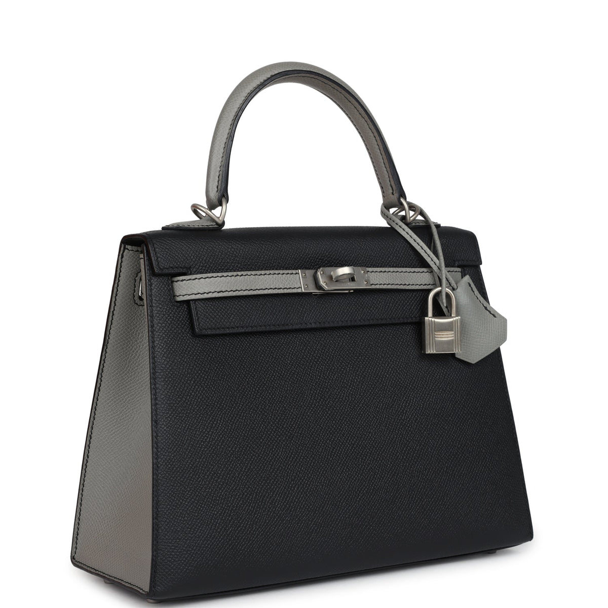 Special Order (HSS) Kelly Sellier 25 Black and Gris Mouette Epsom Brushed Gold Hardware