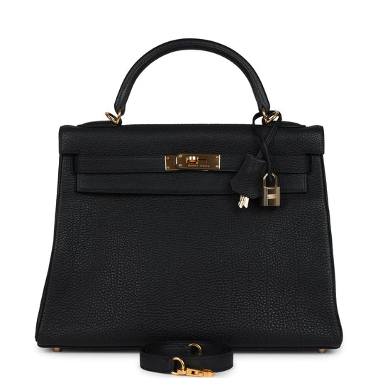 Vintage Kelly Retourne 32 Black Fjord Gold Hardware