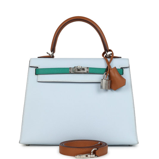 Kelly Sellier 25 Tri-Color Bleu Brume, Gold and Vert Jade Epsom Epsom Palladium Hardware