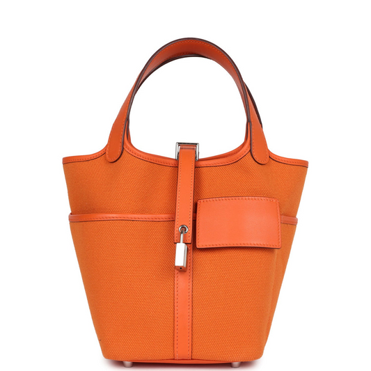 Picotin Cargo 18 Orange Swift and Toile Canvas Palladium Hardware