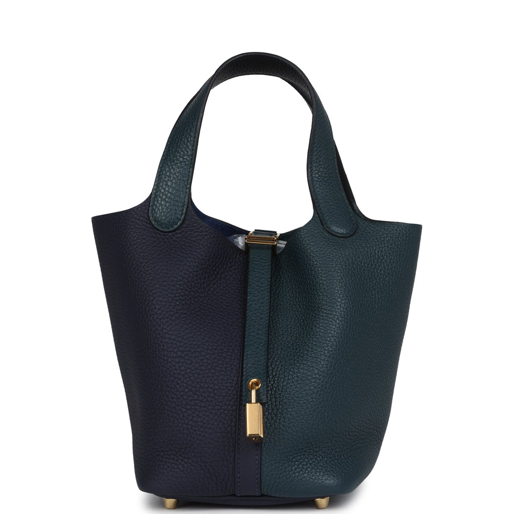Picotin Lock 18 Casaque Bleu Nuit and Vert Cypress Clemence Gold Hardware