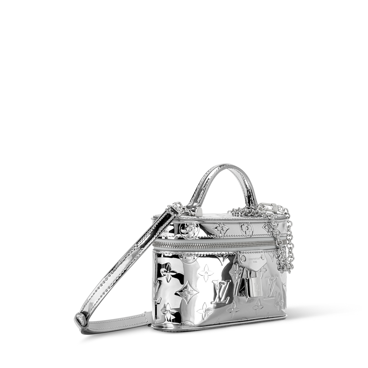 حقيبة كروس بودي Vanity Chain Pouch من قماش Monogram Miroir باللون الفضي