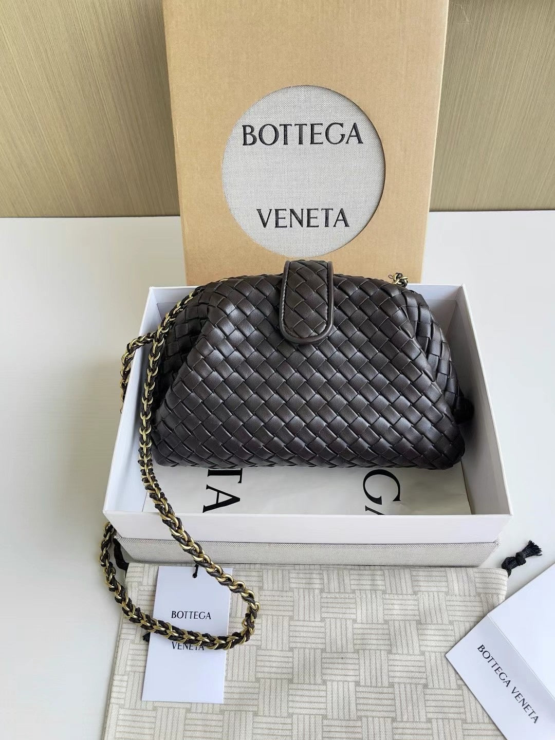 Woven Leather Shoulder Bag with Braided Chain Strap