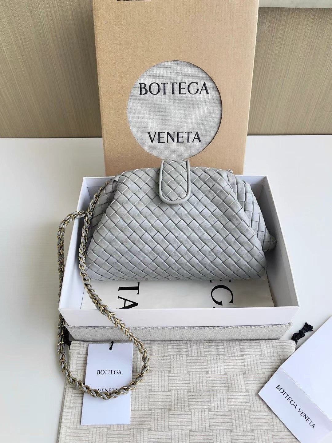 Woven Leather Shoulder Bag with Braided Chain Strap