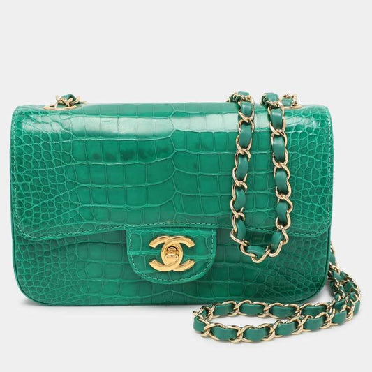 CHANEL Chanel Green USA Aliigator Small Classic Double Flap Bag