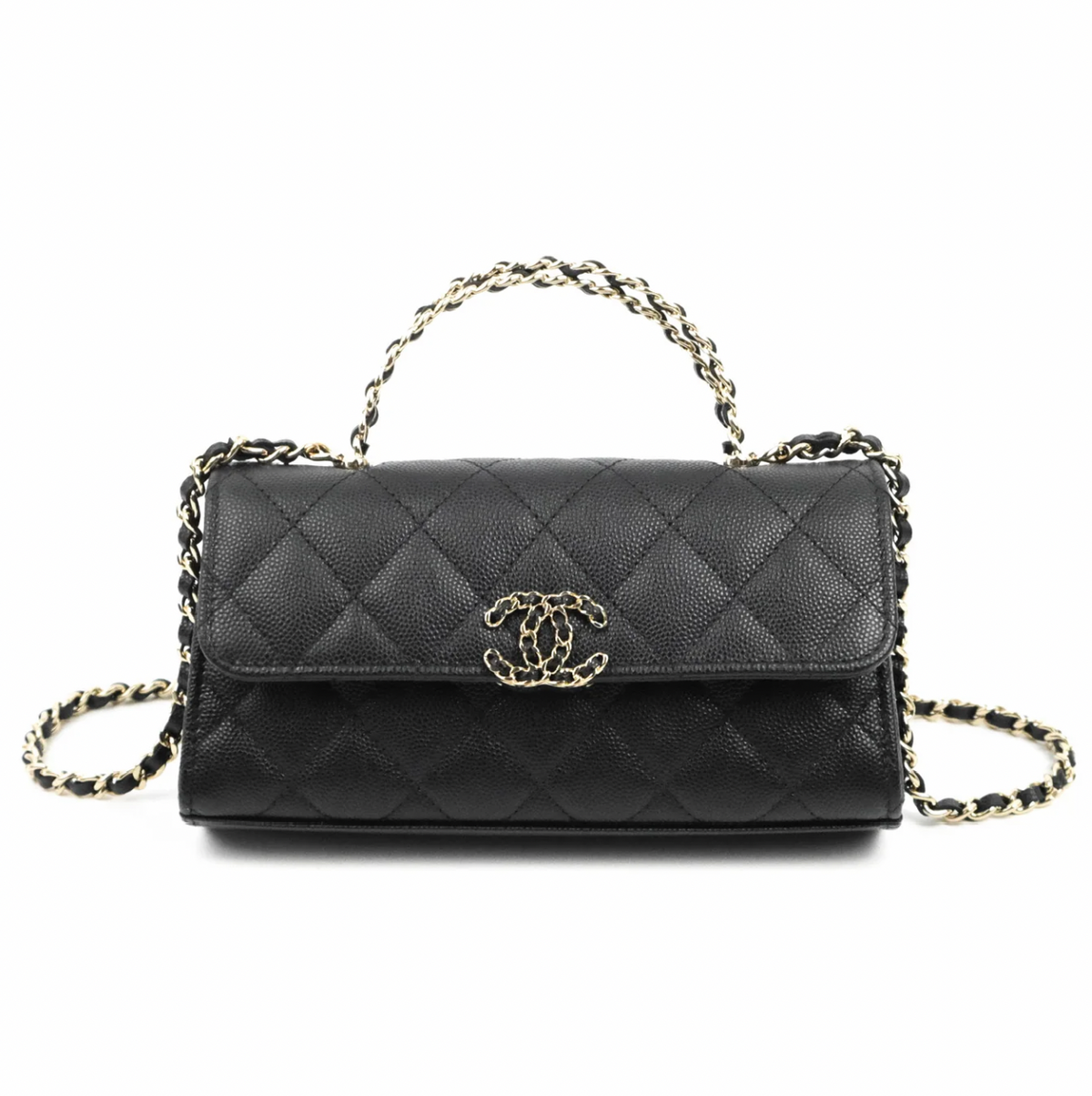 Top Handle Clutch with Chain Black Caviar Light Gold Hardware 23P