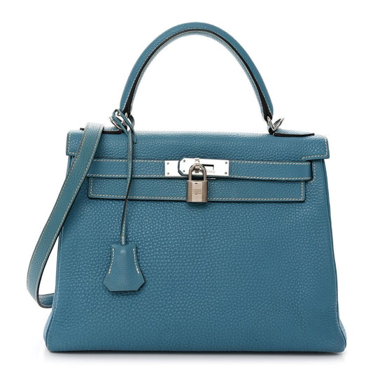 Hermes Kelly 25 Blue Jean Veau Togo...Leather Palladium Plated Y Stamp 01