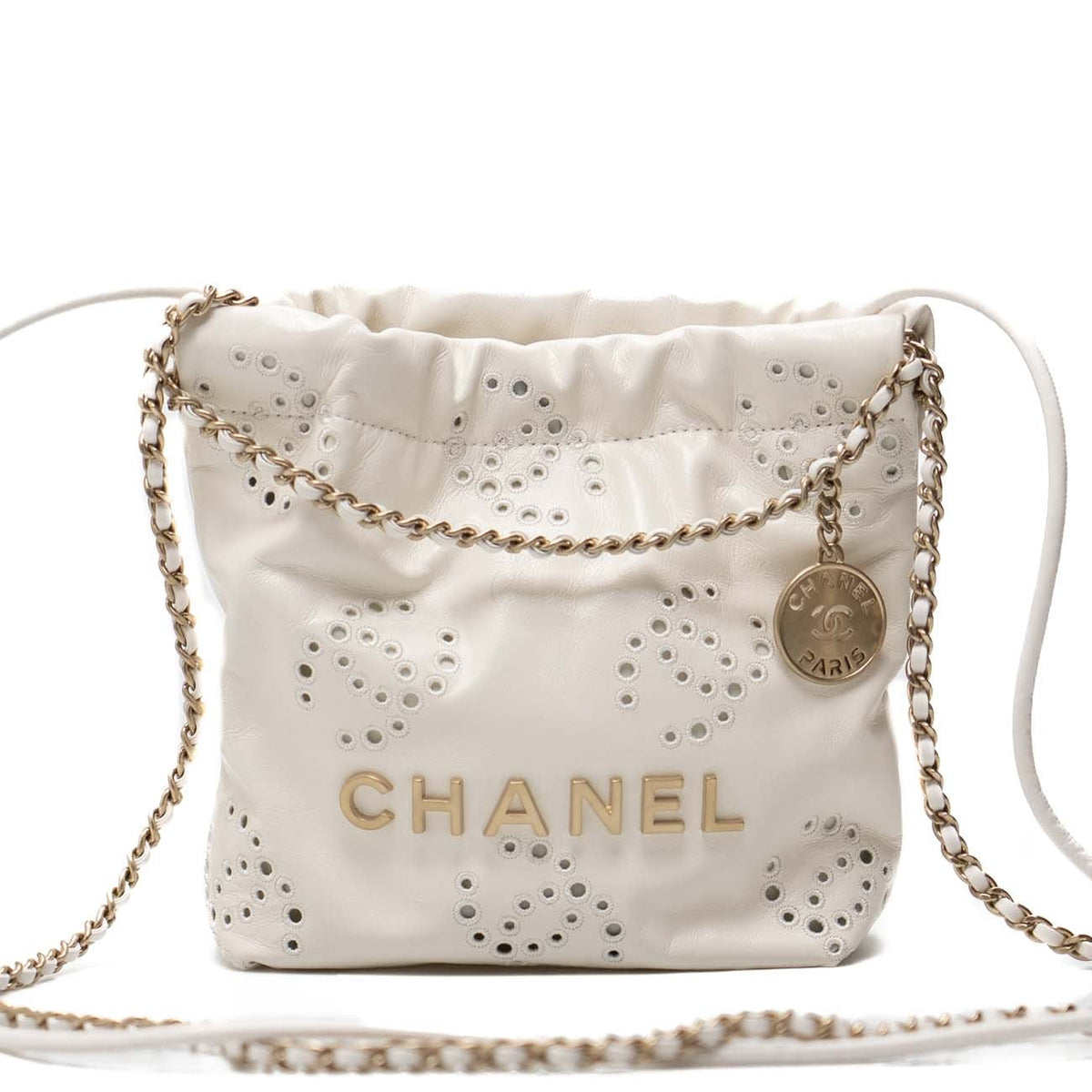 22 Mini White Shiny Calf Leather Handbag