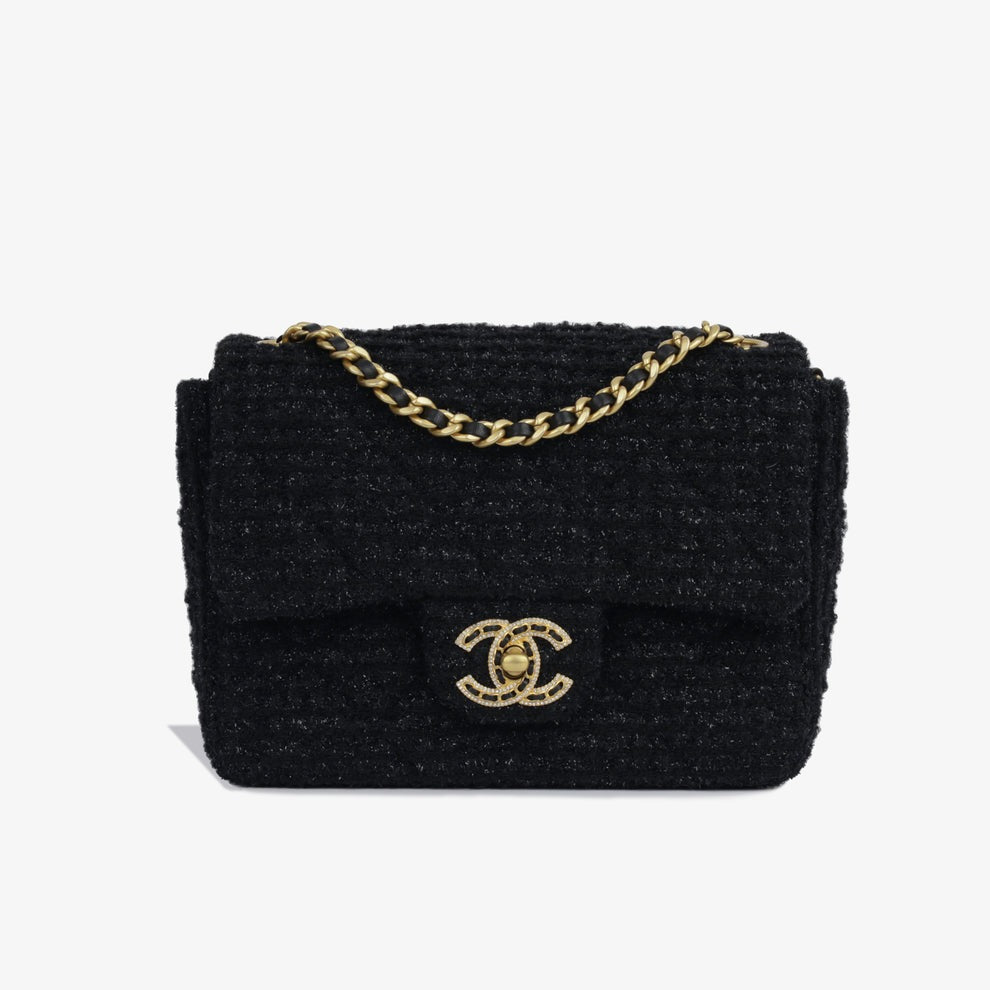 Black Square Tweed CC Flap Crossbody Bag