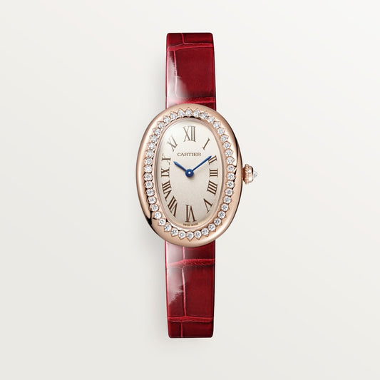 Baignoire Mini 18K Rose Gold Diamond Silvered Dial Red Alligator Strap Watch