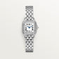 ساعة Panthère de Cartier ميني مقاس 25.1 مم × 18.5 مم، من الذهب الأبيض، إطار مرصع بالألماس، تاج مرصع بالألماس، ميناء فضي، سوار من الذهب الأبيض، حركة كوارتز.