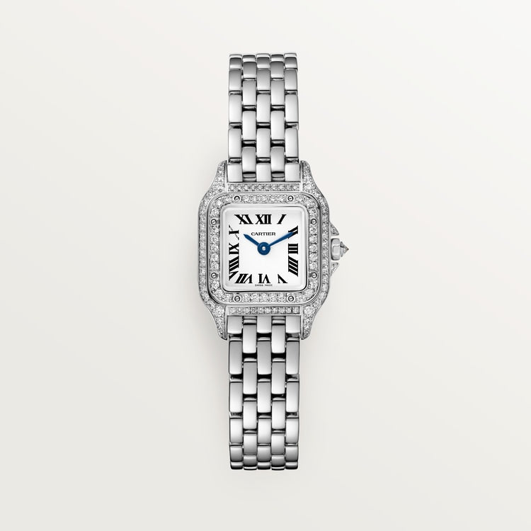 ساعة Panthère de Cartier ميني مقاس 25.1 مم × 18.5 مم، من الذهب الأبيض، إطار مرصع بالألماس، تاج مرصع بالألماس، ميناء فضي، سوار من الذهب الأبيض، حركة كوارتز.