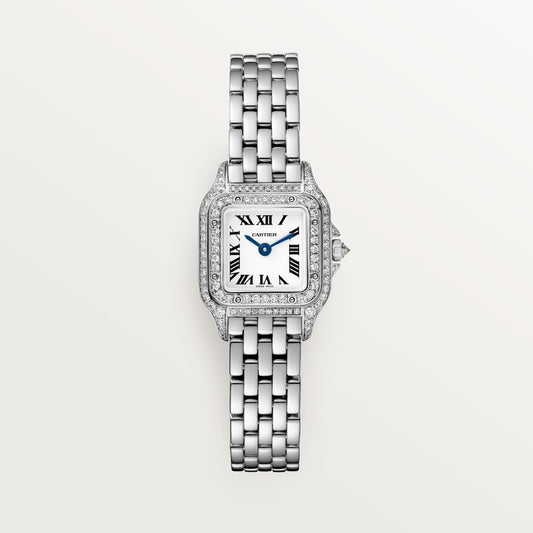 ساعة Panthère de Cartier ميني مقاس 25.1 مم × 18.5 مم، من الذهب الأبيض، إطار مرصع بالألماس، تاج مرصع بالألماس، ميناء فضي، سوار من الذهب الأبيض، حركة كوارتز.