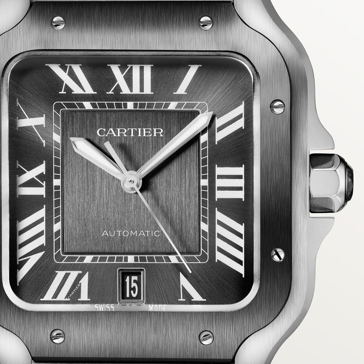 ساعة Santos de Cartier كبيرة مقاس 39.8 مم، إطار من الفولاذ بطلاء ADLC، ميناء رمادي، سوار من الفولاذ، حركة أوتوماتيكية