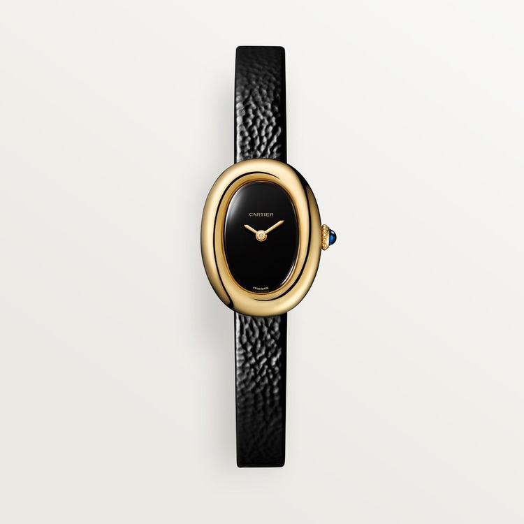 Baignoire Mini 18K Yellow Gold Black Dial Black Patent Leather Strap Watch