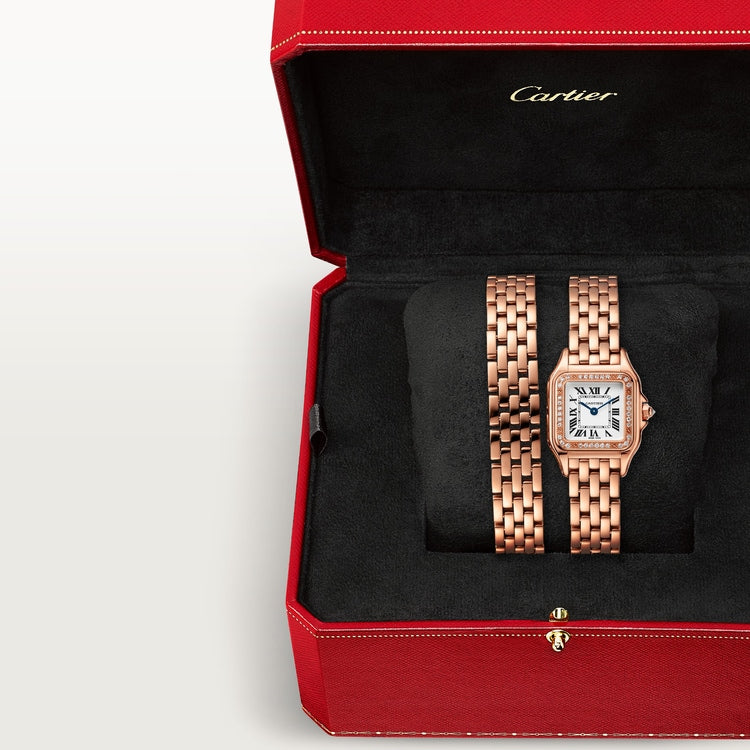 Panthère Small 30.3mm x 22.0mm Rose Gold Diamond Bezel Diamond Crown Silvered Dial Rose Gold Bracelet Quartz Watch