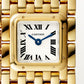 ساعة Panthère de Cartier ميني مقاس 22.4 مم × 19.1 مم، مصنوعة من ذهب أصفر، ميناء فضي بعقارب زرقاء، وسوار من ذهب أصفر، تعمل بحركة كوارتز.