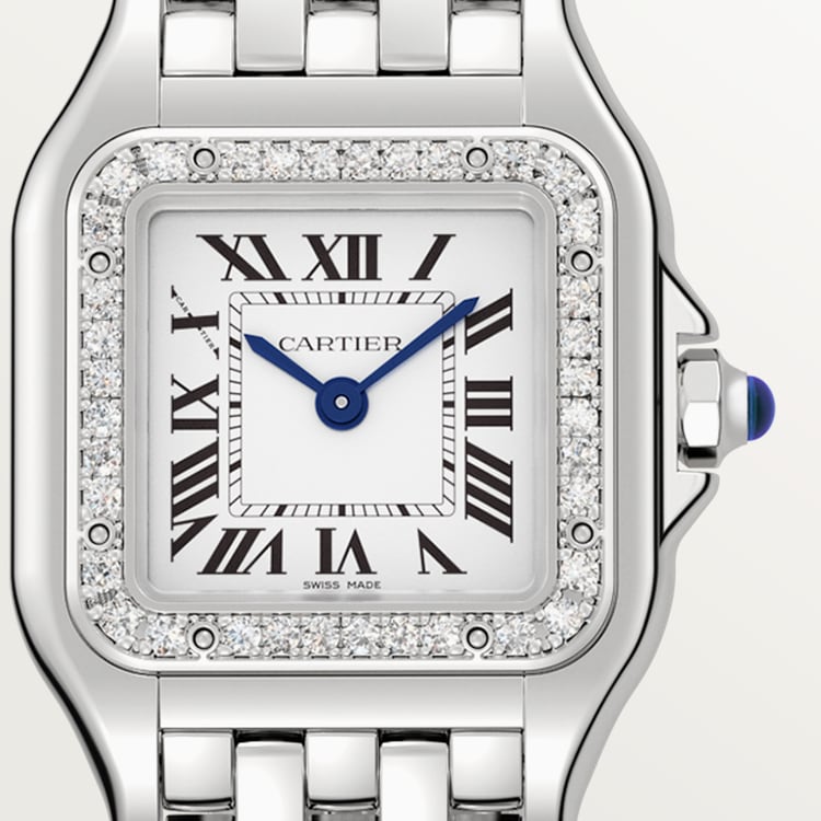 Panthère de Cartier Small 22mm x 30mm Steel Diamond Bezel Blue Crown Silver Dial Steel Bracelet Quartz Watch