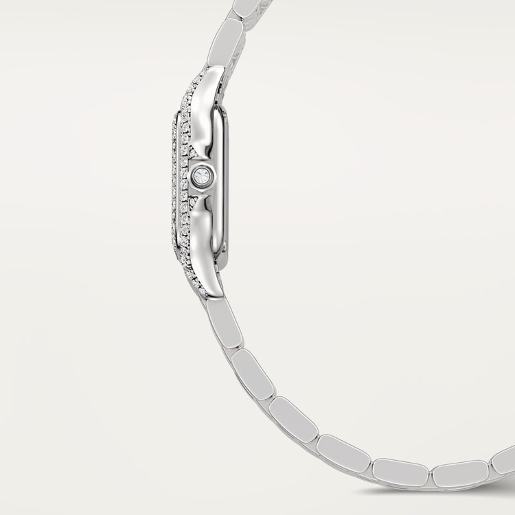 ساعة Panthère de Cartier ميني مقاس 25.1 مم × 18.5 مم، من الذهب الأبيض، إطار مرصع بالألماس، تاج مرصع بالألماس، ميناء فضي، سوار من الذهب الأبيض، حركة كوارتز.