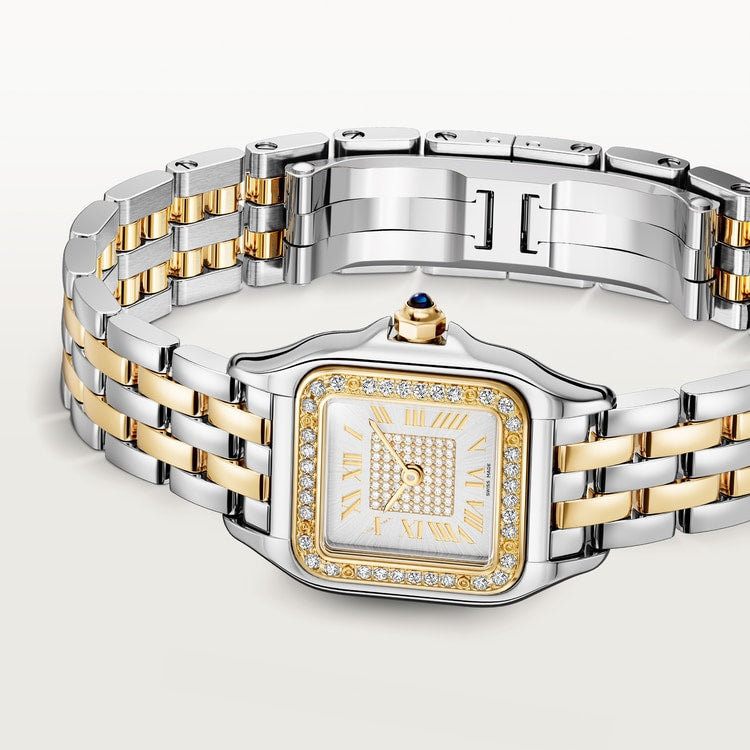 Panthère de Cartier Small 30.3mm x 22mm Yellow Gold Steel Diamond Bezel Blue Crown Silvered Diamond Dial Yellow Gold Steel Bracelet Quartz Watch