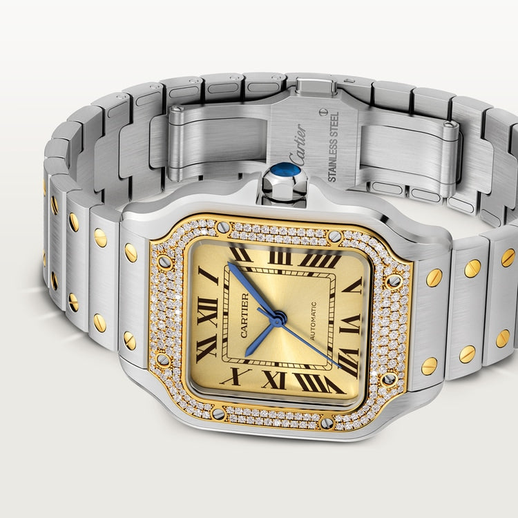 Santos de Cartier Medium 35.1mm Steel Yellow Gold Diamond Bezel Blue Crown Golden Sunray Dial Steel Bracelet Automatic Watch