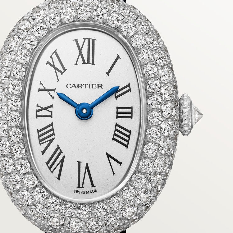 Baignoire Mini 18K White Gold Diamond Silvered Dial Navy Blue Patent Leather Strap Watch