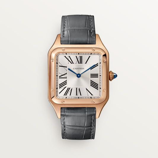 Santos-Dumont Large 43.5mm x 31.4mm Rose Gold Blue Crown Silver Sunray Dial Gray Alligator Leather Strap Quartz Watch