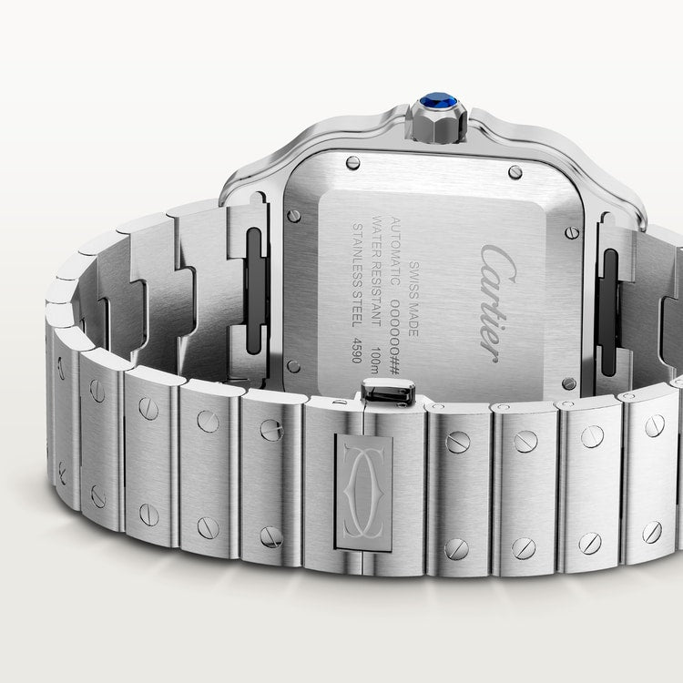 ساعة Santos de Cartier Dual Time كبيرة الحجم 40.2 مم، مصنوعة من الفولاذ، تاج أزرق، ميناء رمادي أنثراسيت، سوار فولاذي، حركة أوتوماتيكية