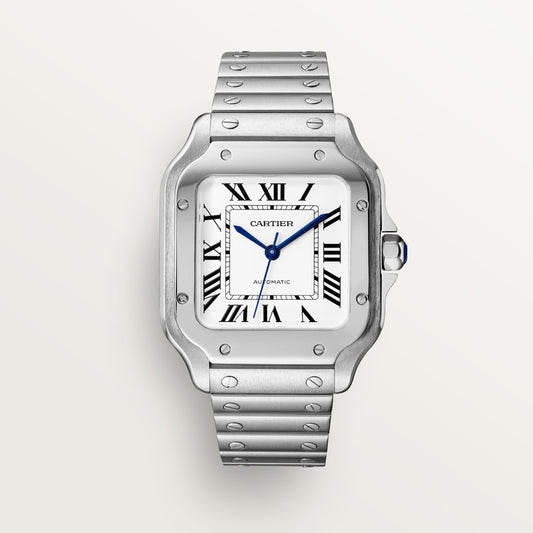 Santos de Cartier Medium 35.1mm Steel Blue Crown Silvered Opaline Dial Steel Bracelet Automatic Watch