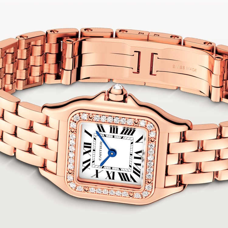 ساعة Panthère de Cartier صغيرة مقاس 22 مم × 30 مم، إطار مرصع بالألماس، تاج مرصع بالألماس، ميناء فضي، سوار من ذهب وردي، حركة كوارتز