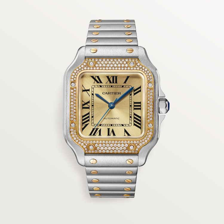Santos de Cartier Medium 35.1mm Steel Yellow Gold Bezel Diamond-Set Golden Sunray Dial Steel Bracelet Self-Winding Watch