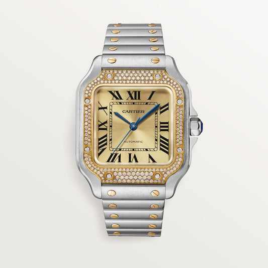 Santos de Cartier Medium 35.1mm Steel Yellow Gold Bezel Diamond-Set Golden Sunray Dial Steel Bracelet Self-Winding Watch