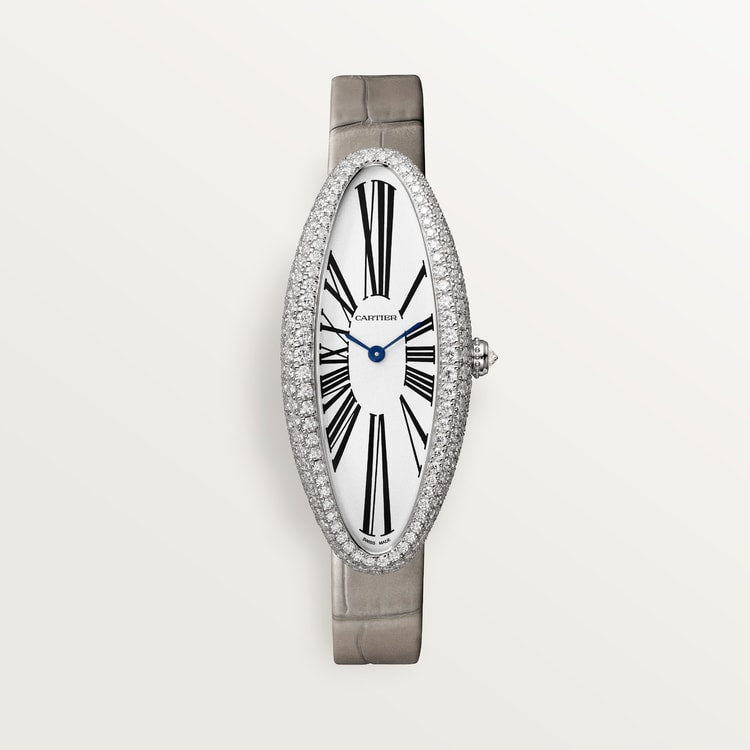 Baignoire Allongée 18K White Gold Diamond Silvered Dial Light Gray Alligator Strap Watch