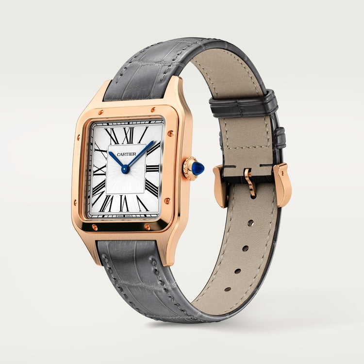 Santos-Dumont Large 43.5mm x 31.4mm Rose Gold Silver Satin-Finish Dial Gray Alligator Strap Quartz Watch