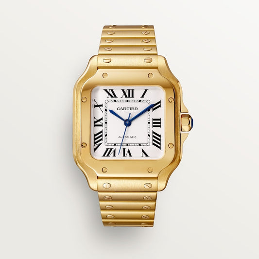 Santos de Cartier Medium 35.1mm Yellow Gold Blue Crown Silvered Opaline Dial Alligator Leather Strap Automatic Watch