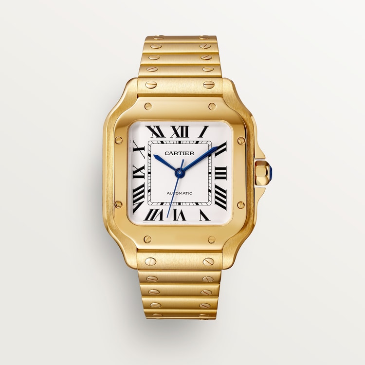Santos de Cartier Medium 35.1mm Yellow Gold Blue Crown Silvered Opaline Dial Yellow Gold Bracelet Self-Winding Watch