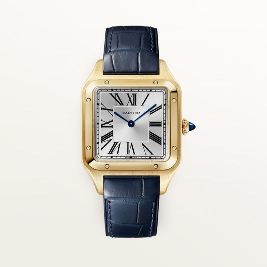 Santos-Dumont Large 43.5mm x 31.4mm Yellow Gold Blue Crown Silvered Satin-Finish Dial Navy Blue Alligator Leather Strap Manual-Winding Watch
