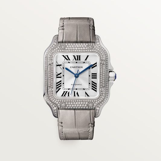 Santos Medium 35.1mm White Gold Diamond Bezel Silvered Sunray Dial Alligator Strap Self-Winding Watch