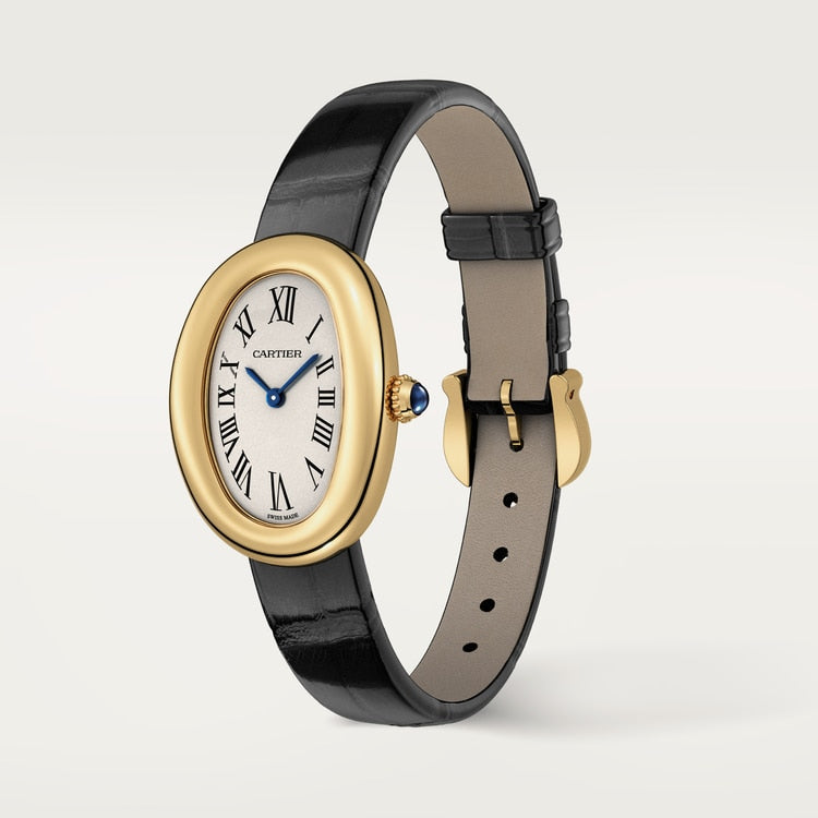 Baignoire Mini 18K Yellow Gold Silvered Dial Black Alligator Strap Watch
