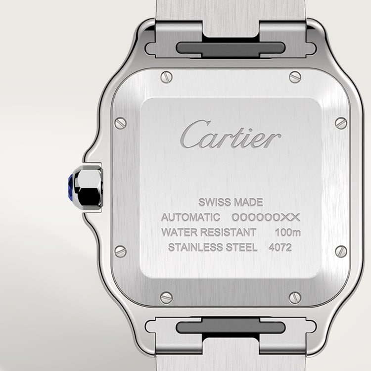 ساعة Santos de Cartier كبيرة مقاس 39.8 مم، إطار من الفولاذ بطلاء ADLC، ميناء رمادي، سوار من الفولاذ، حركة أوتوماتيكية