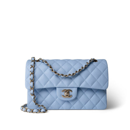 23P Light Blue Classic Flap Small Light Gold Hardware