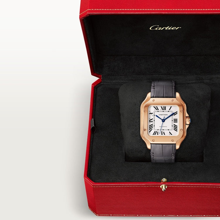 Santos de Cartier Medium 35.1mm Rose Gold Blue Crown Silver Dial Alligator Strap Self-Winding Watch