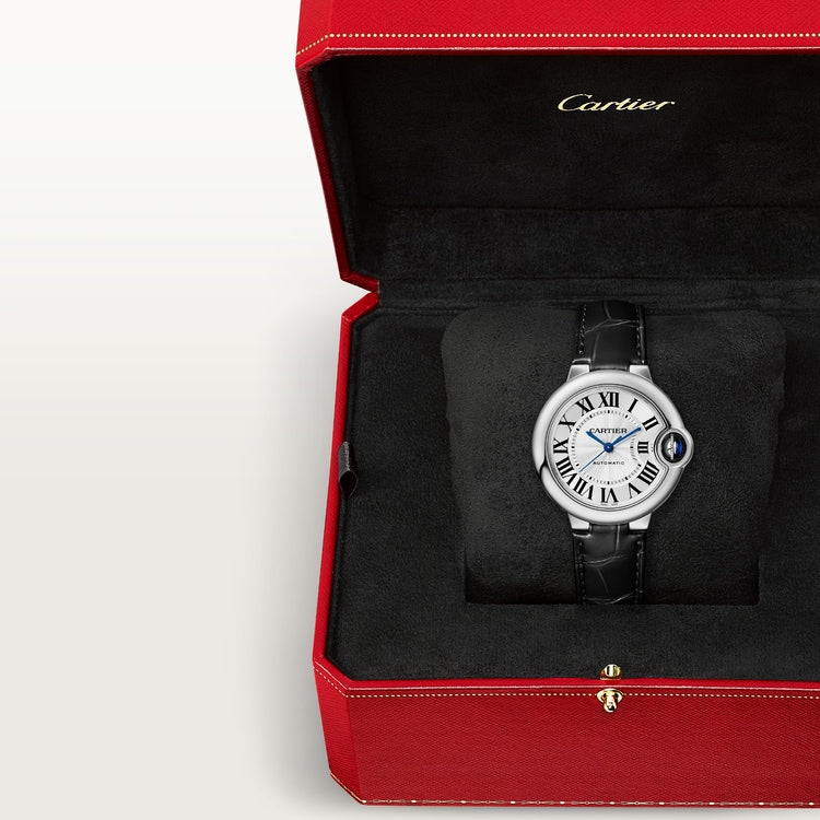 Ballon Bleu 33mm Steel Automatic Silver Guilloché Dial Alligator Strap Watch