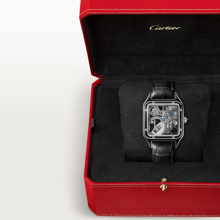 Santos-Dumont Skeleton 43.5mm x 31.4mm Steel Black Lacquer Gray Alligator Strap Self-Winding Watch