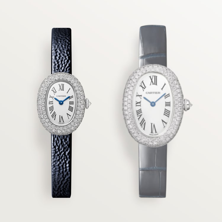 Baignoire Mini 18K White Gold Diamond Silvered Dial Navy Blue Patent Leather Strap Watch