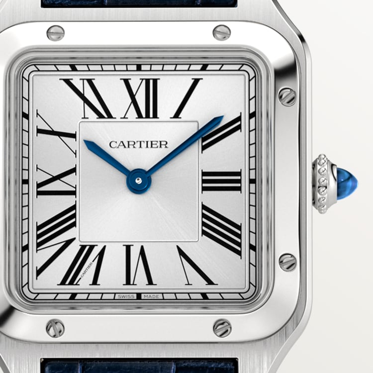 Santos-Dumont Small 38mm x 27.5mm Steel Blue Crown Silver Sunray Dial Navy Blue Alligator Leather Strap Quartz Watch